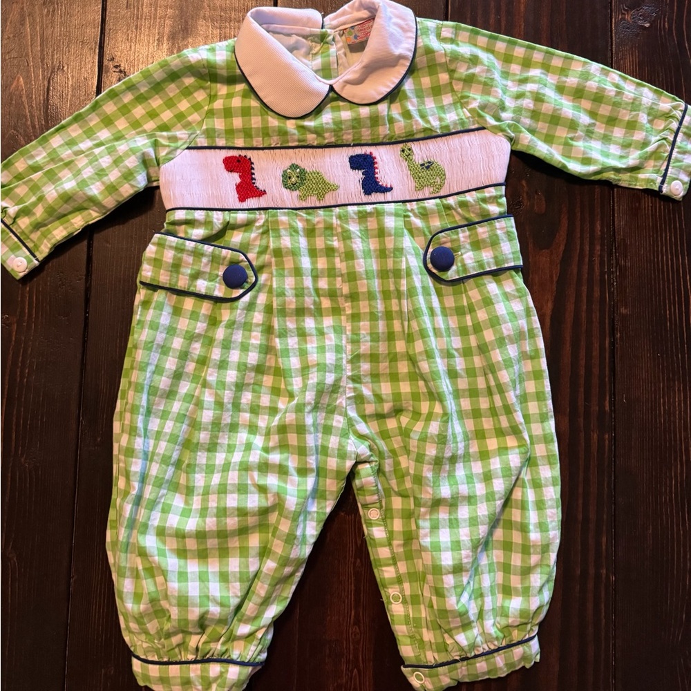 Green Gingham Dinosaur Baby Romper
